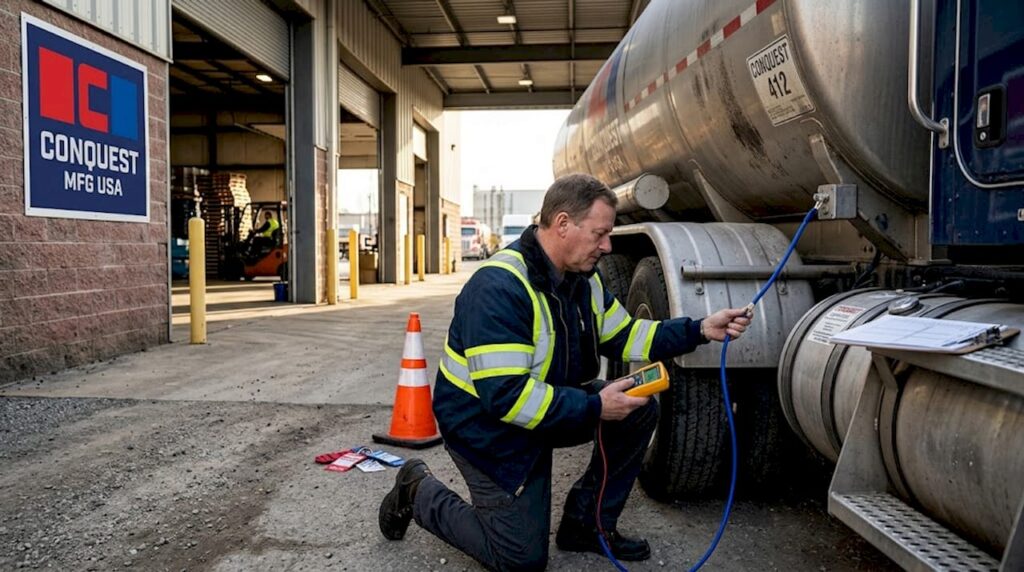 Operator inspecting vacuum tanker grounding cable