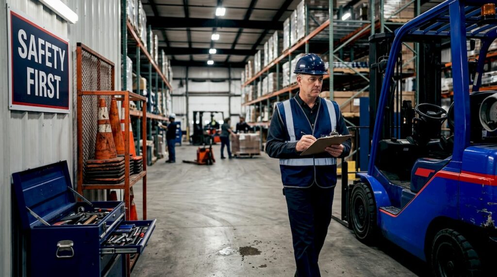 Supervisor inspecting forklift in warehouse