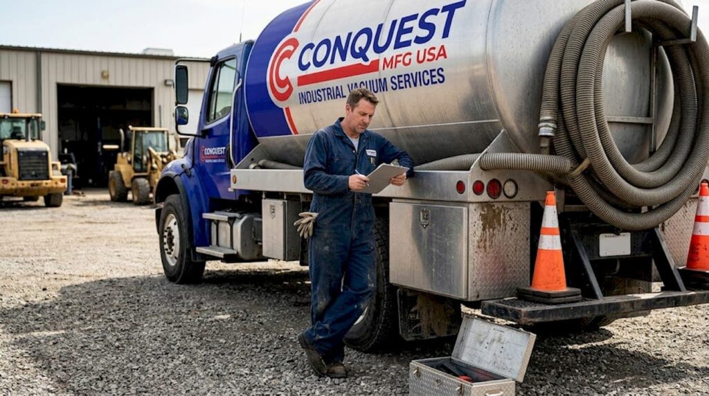 Technician checks vacuum truck at service yard