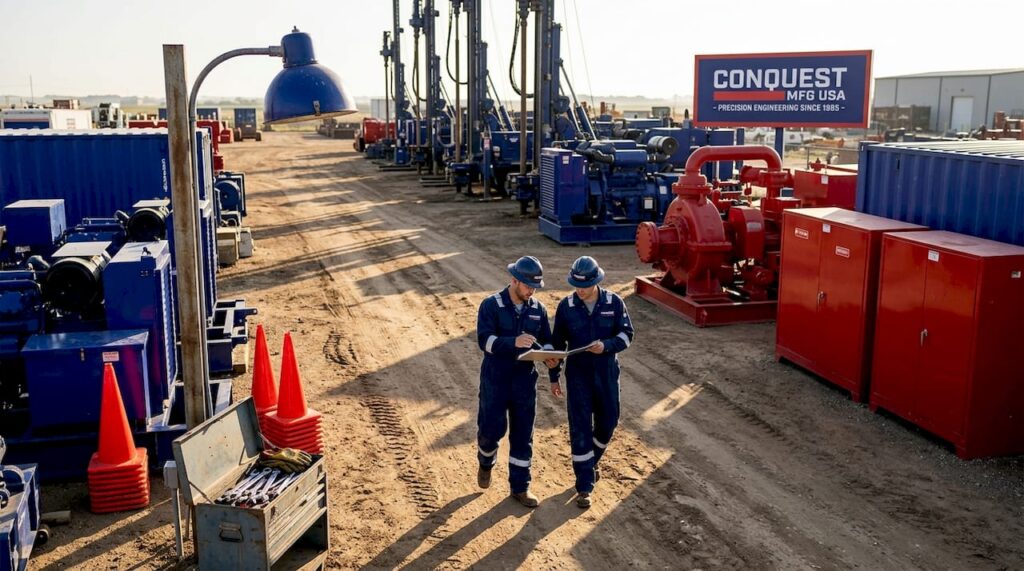 Engineers walk past oilfield equipment at dawn