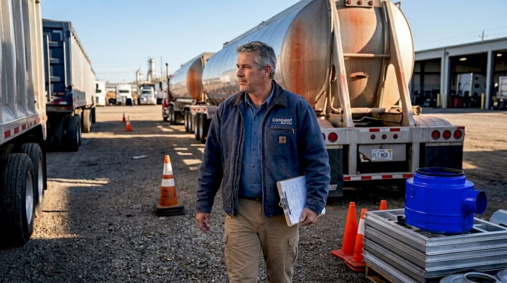 Fleet manager inspecting bulk trailer equipment
