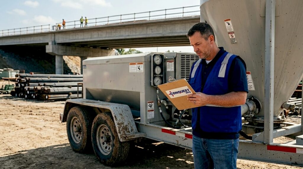 Worker inspecting trailer-mounted pig silo on jobsite