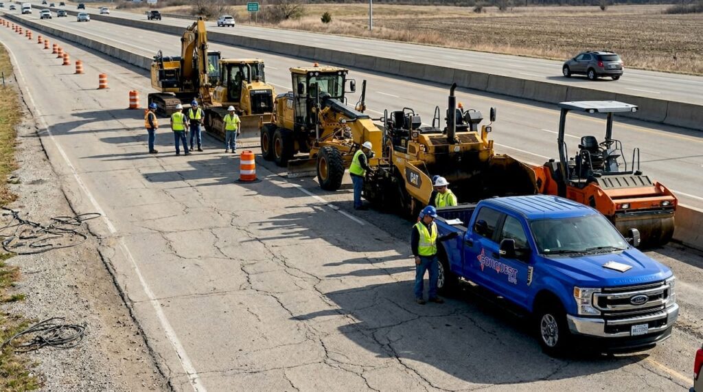 Row of highway construction equipment on project site