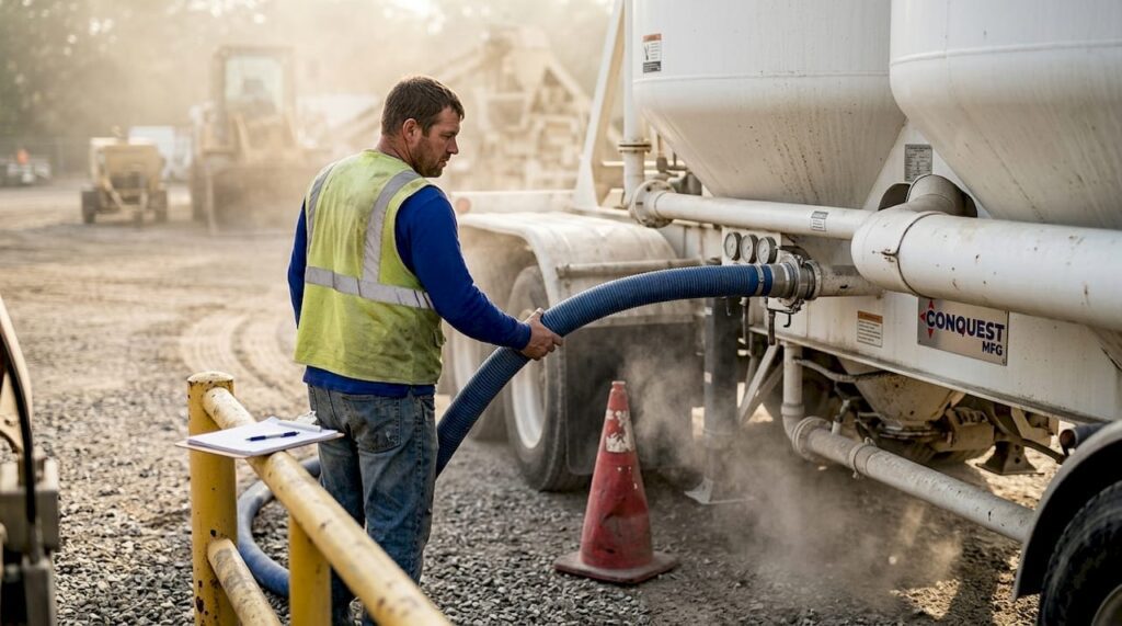 Operator unloading cement from pneumatic trailer