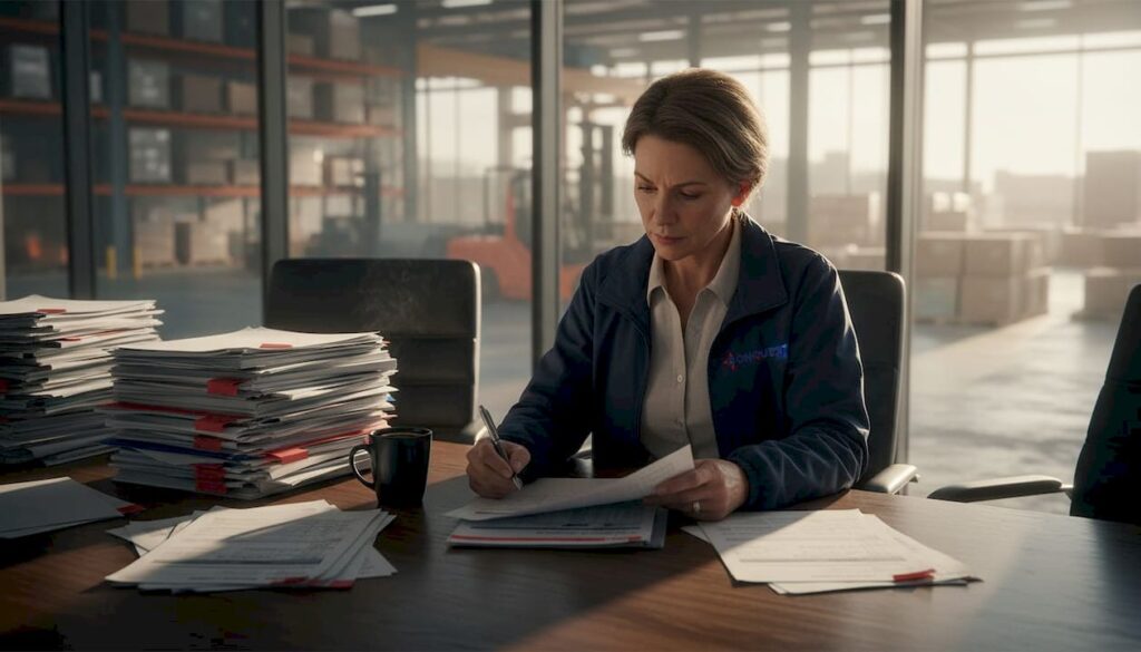 Logistics manager reviewing bulk transport paperwork