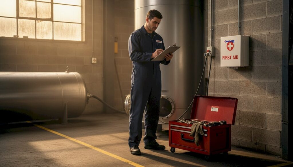 Technician reviewing vacuum tank safety checklist
