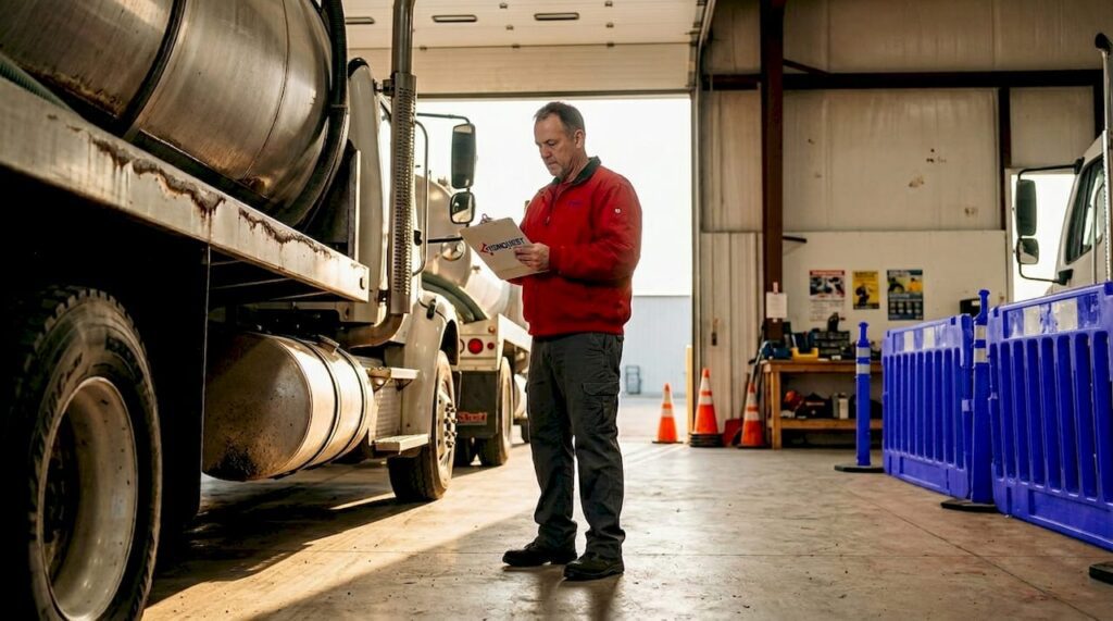 Fleet manager inspecting steel and aluminum vacuum trucks