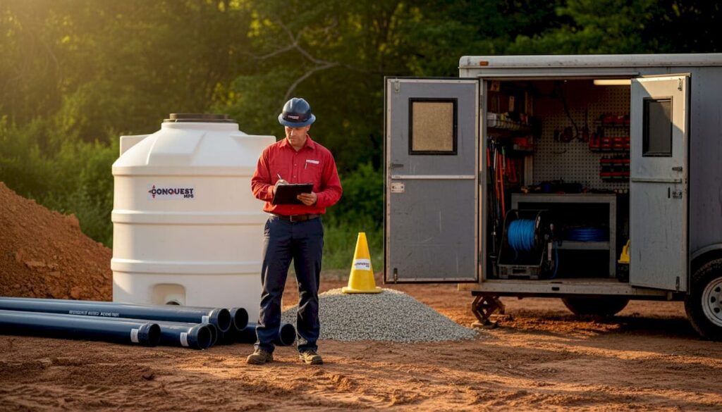 Site manager inspecting septic equipment delivery