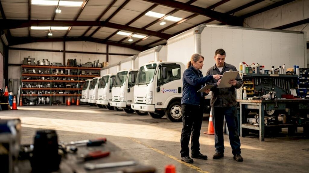 Fleet manager checks trucks with mechanic