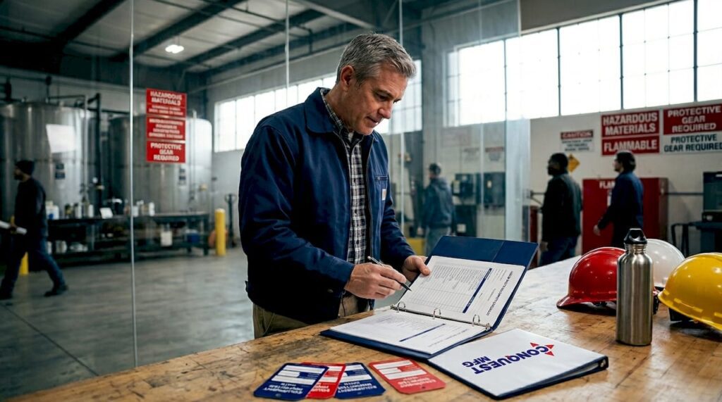 Manager reviewing liquid waste checklist in plant office