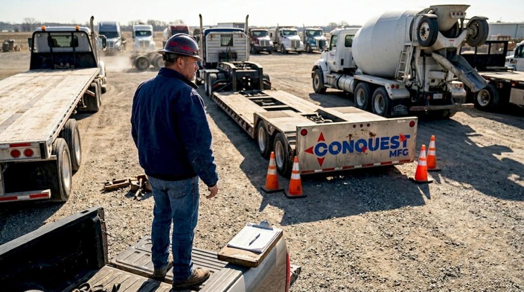 Operator inspects construction transport equipment lineup