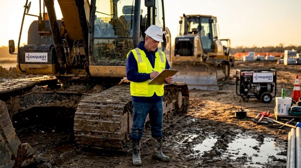 Manager inspecting equipment at active construction site