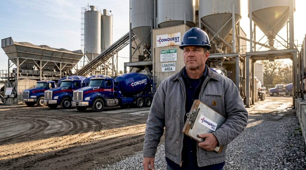 Concrete batch plant with foreman and early sunlight