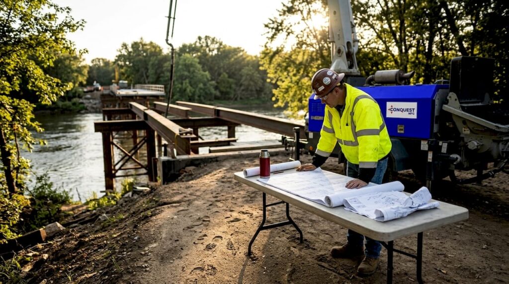 Engineer reviews plans on bridge construction site
