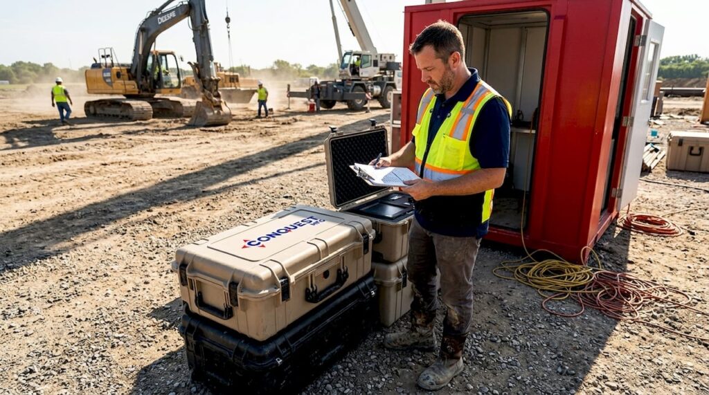 Site manager checking modular equipment deployment