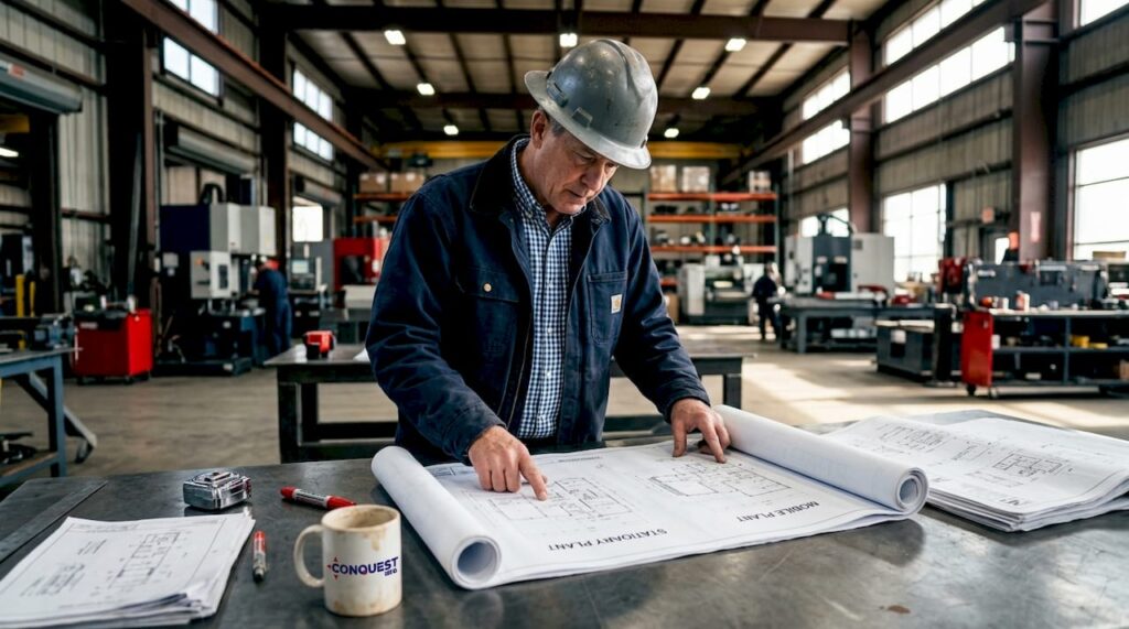 Plant manager reviewing stationary versus mobile plant blueprints