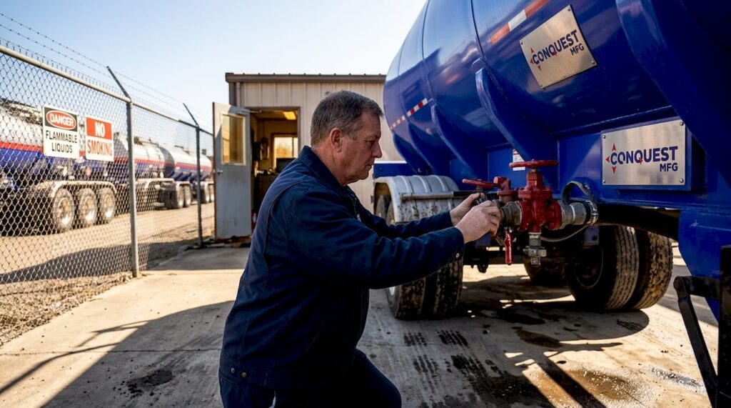 Truck driver inspects semi trailer in oil depot
