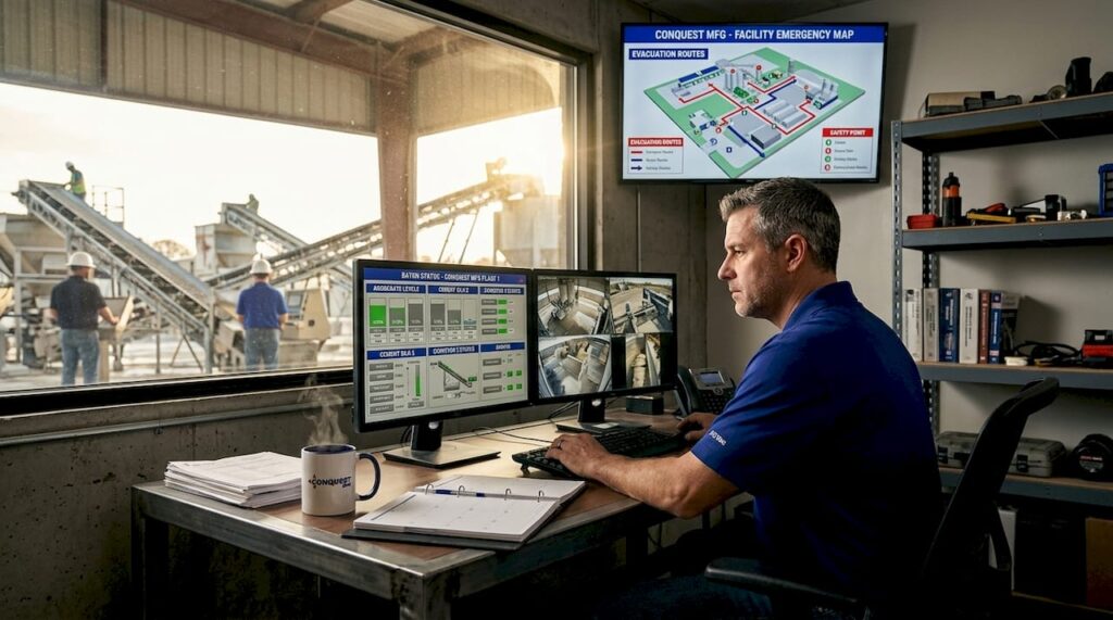 Batch plant operator monitors security controls