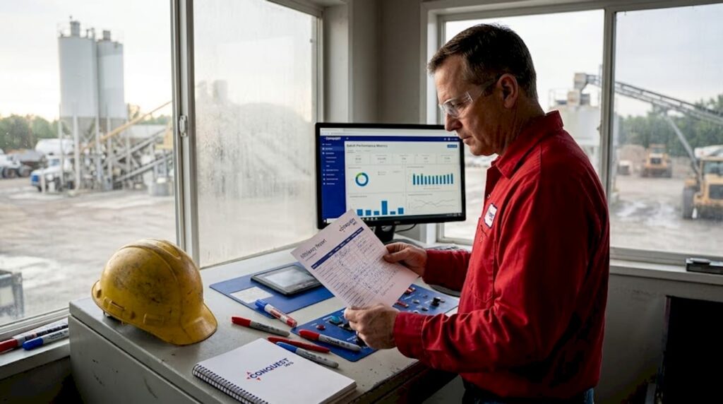 Batch plant manager reviewing workflow efficiency