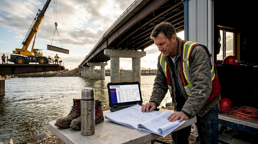 Supervisor and bridge equipment at construction site