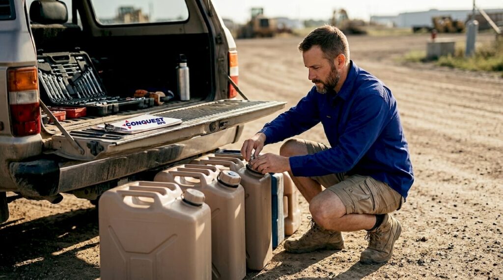 Technician inspects water containers by truck