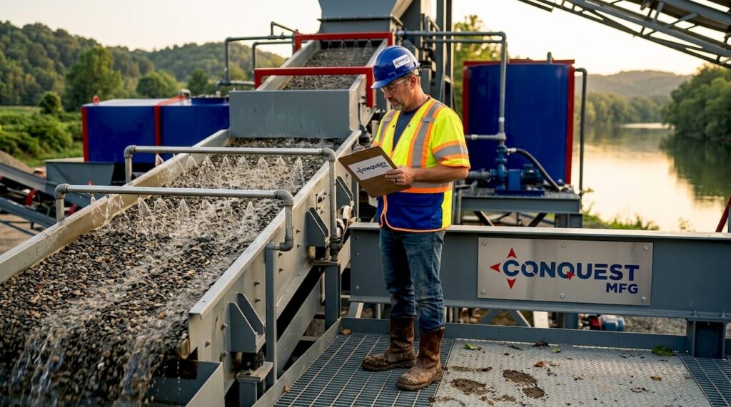 Supervisor monitoring active aggregate wash plant outdoors