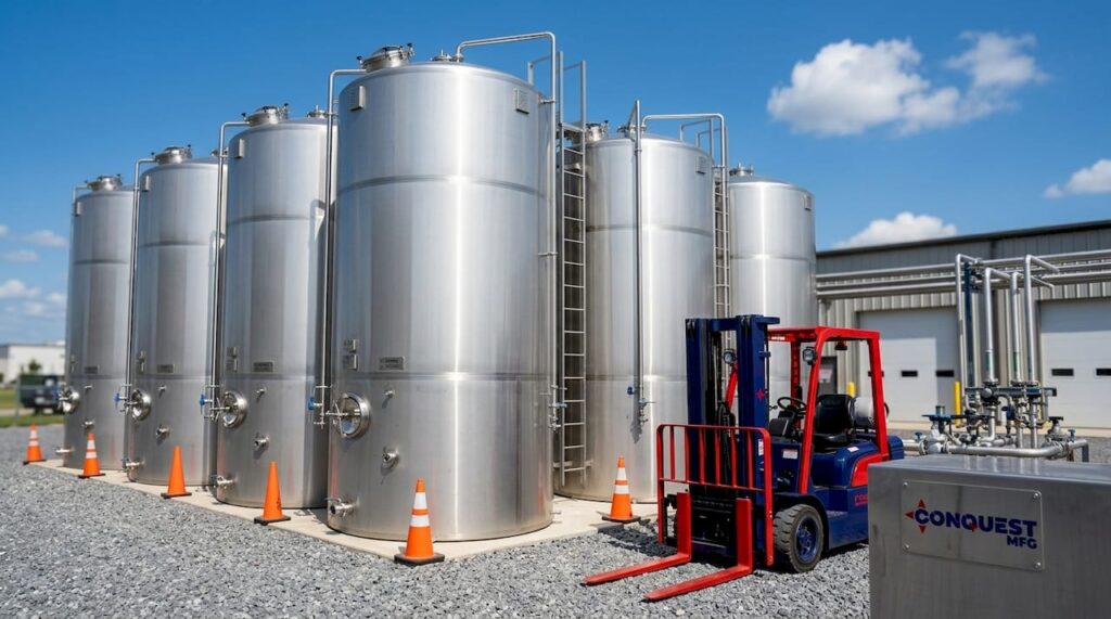 Outdoor industrial silo tanks at facility