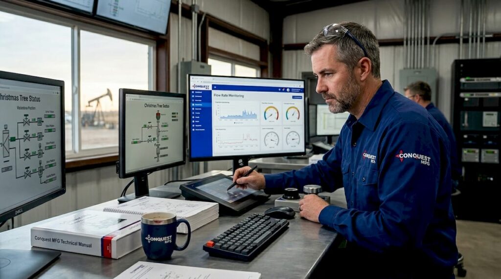 Engineer monitoring oilfield equipment control room