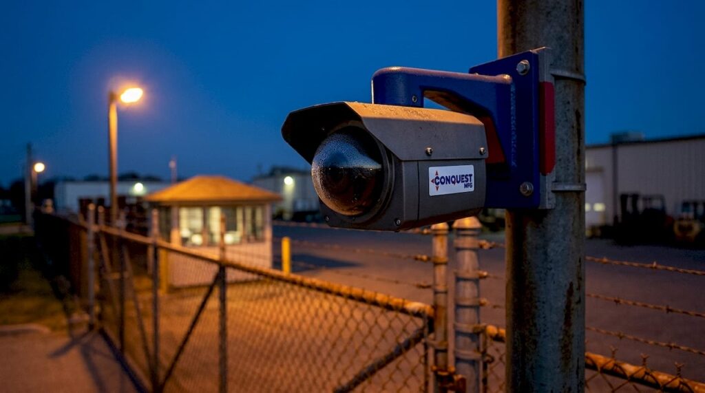 Security camera overlooking industrial facility gate