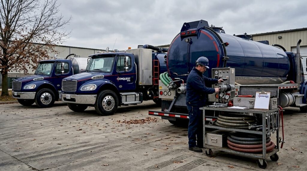 Four types of vacuum trucks in industrial yard