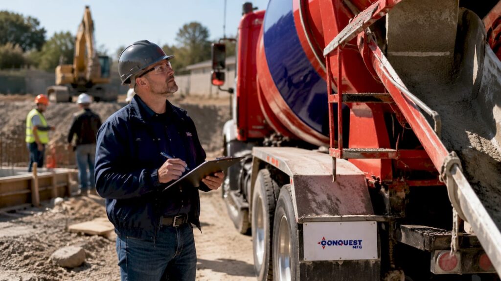 Construction manager inspecting concrete mixer truck outdoors
