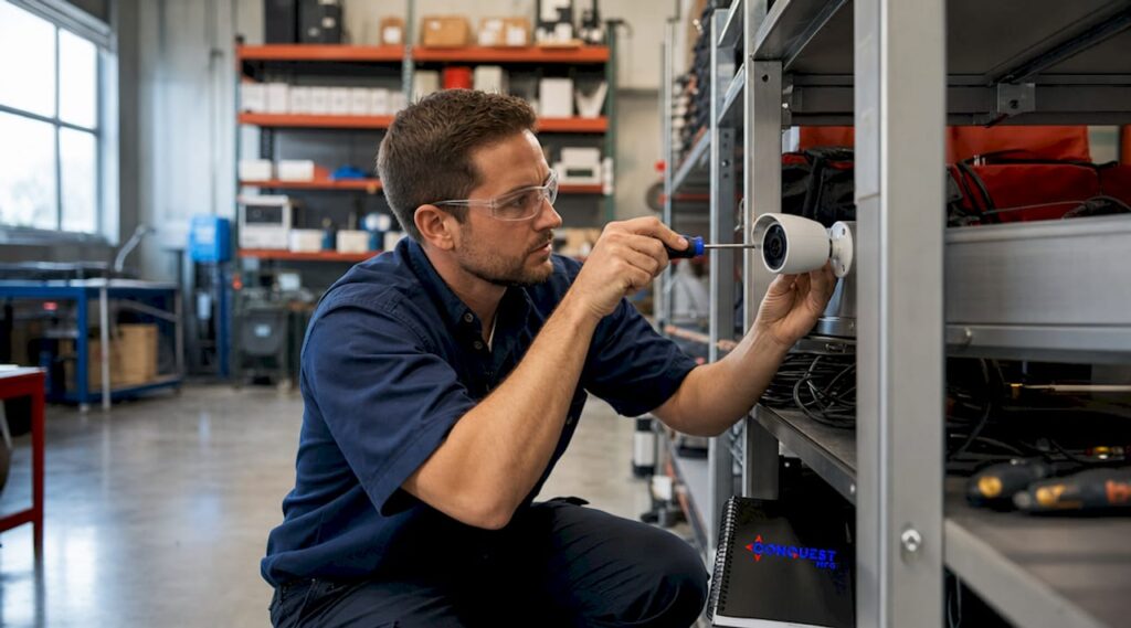 Technician installing video surveillance camera in server room