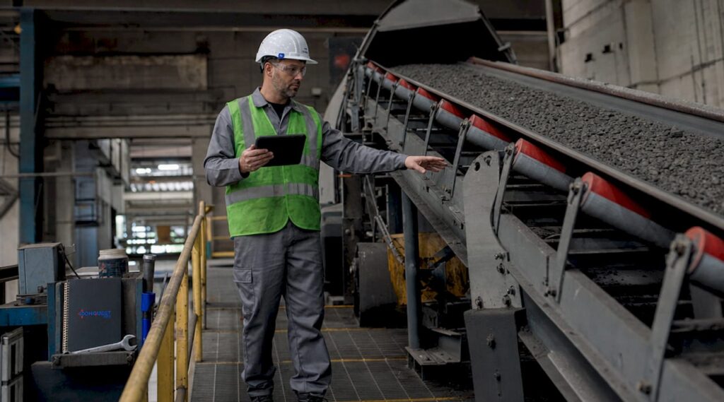 Engineer inspecting bulk material conveyor system