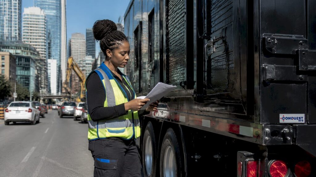 Logistics professional inspecting secured semi trailer