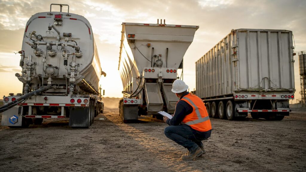 Three types of frac sand trailers parked outdoors