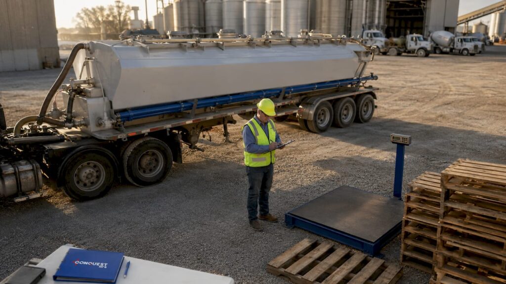 Logistics manager inspecting dry bulk trailer outdoors