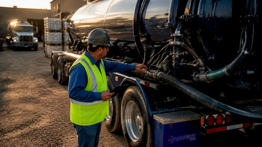 Operator inspecting liquid waste trailer valves