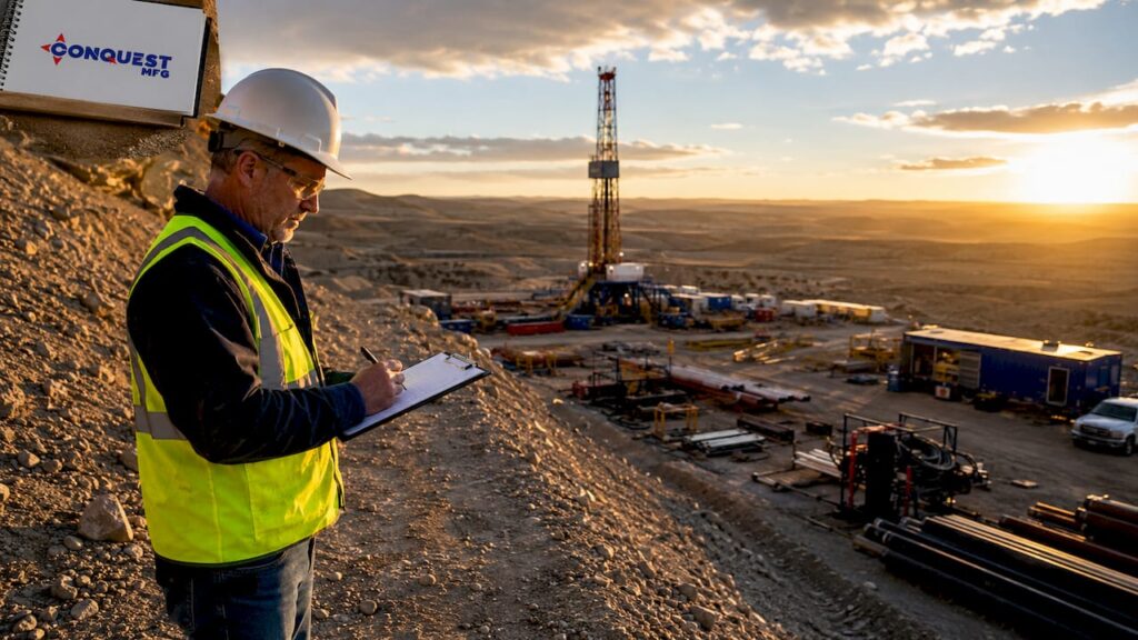 Oilfield manager inspecting crane truck onsite