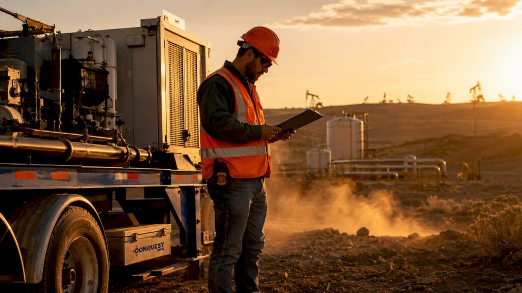 Engineer inspecting mobile oilfield compressor outdoors