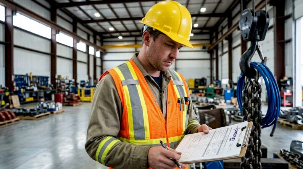 Engineer inspecting oilfield lifting equipment