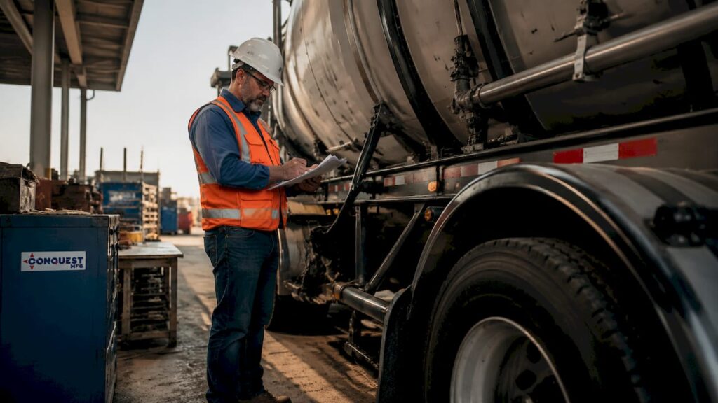 Inspector checking vacuum tank trailer checklist outdoors