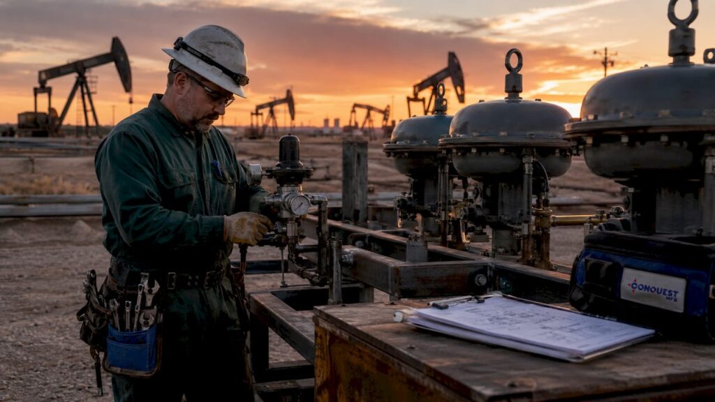 Oilfield engineer inspecting pneumatic valve actuator outdoors