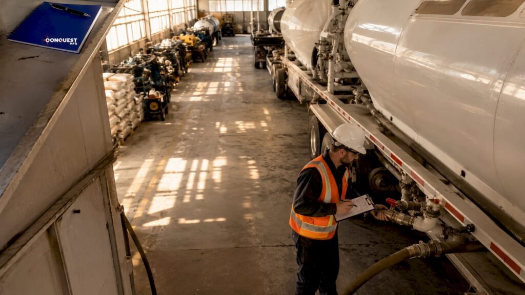 Supervisor inspecting dry bulk pneumatic trailer at site