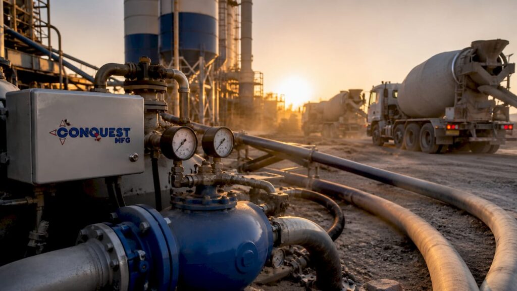 Pneumatic control panels at cement operation site with Conquest MFG logo
