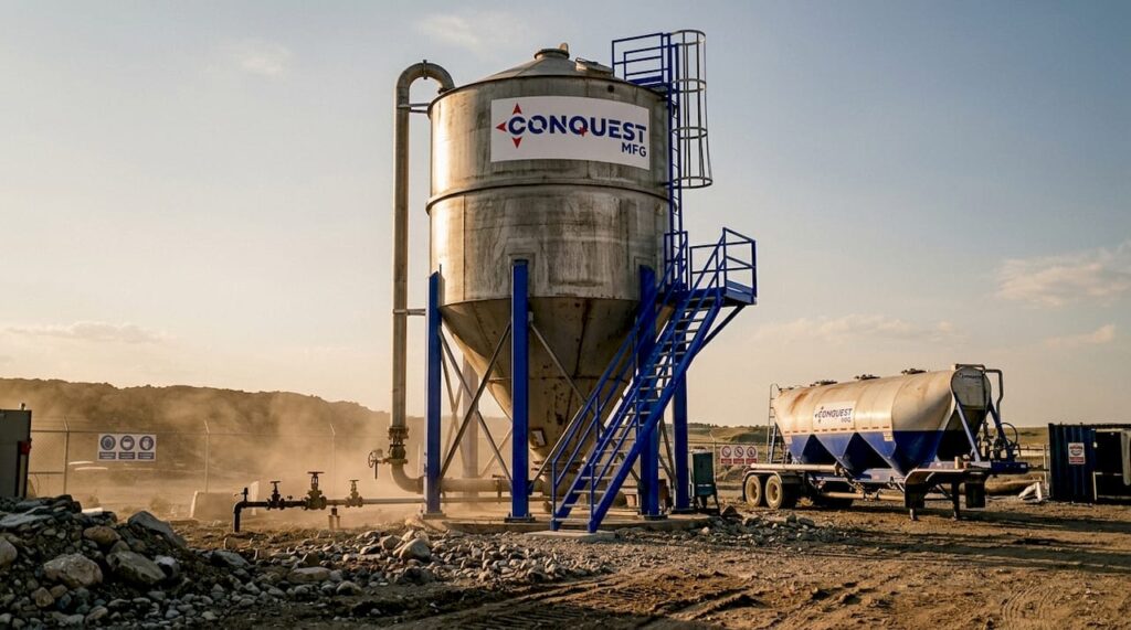 Oilfield dry cement storage silo with company branding