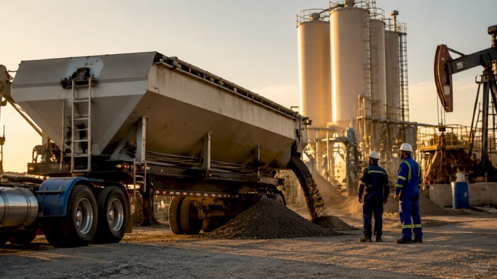 Industrial drilling site with branded bulk transport equipment