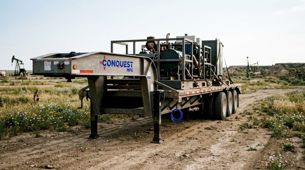 Specialized oilfield trailer ready for transport with company logo