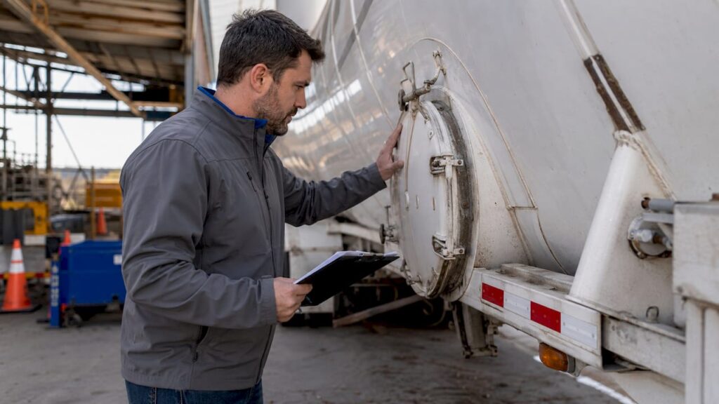Fleet manager inspecting dry bulk trailer