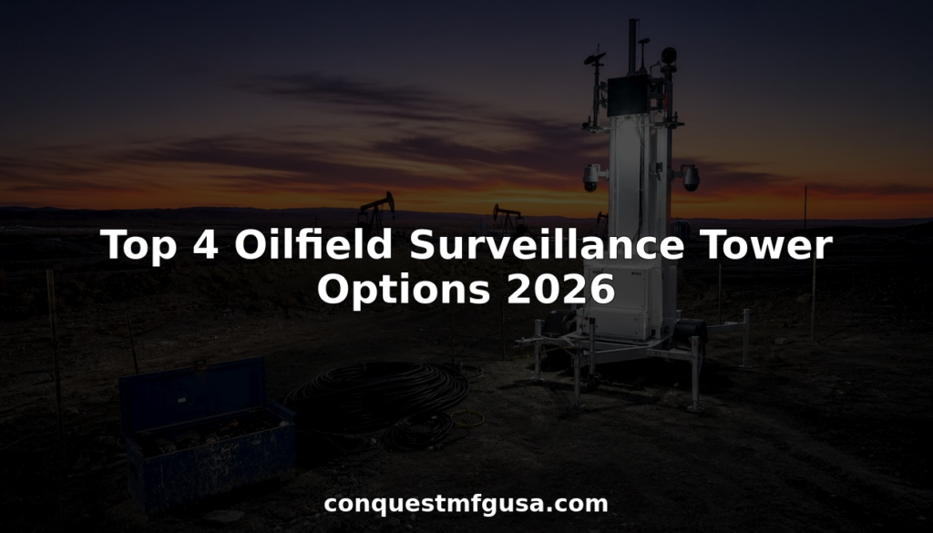 Oilfield surveillance tower on industrial site at dawn