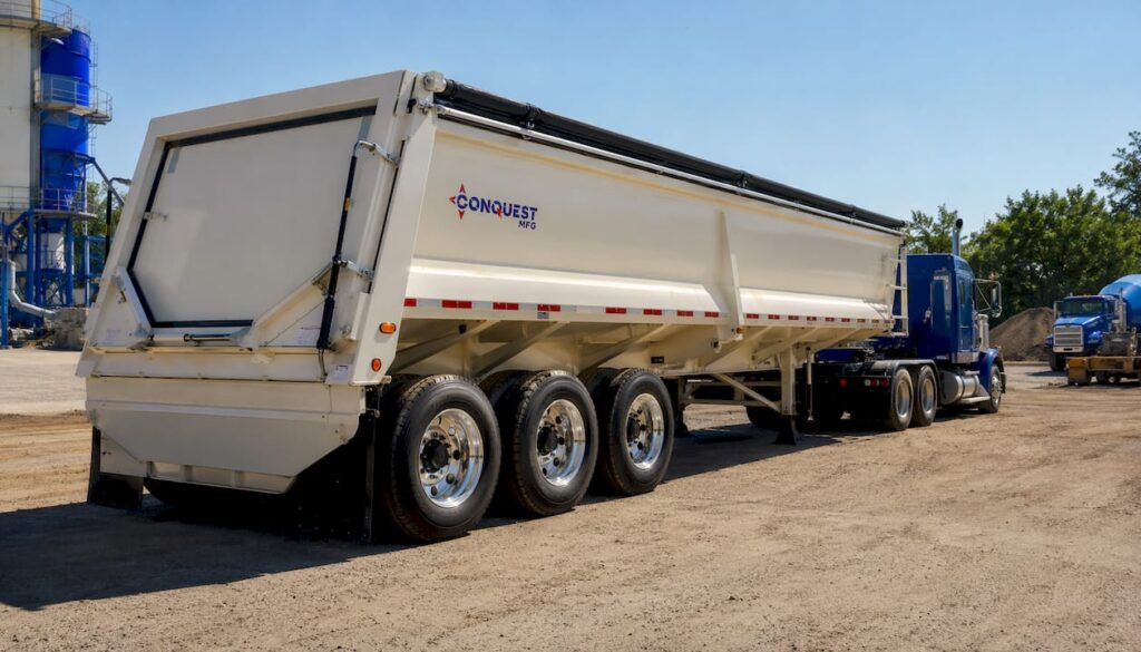 Empty belly dump trailer outdoors with Conquest MFG logo